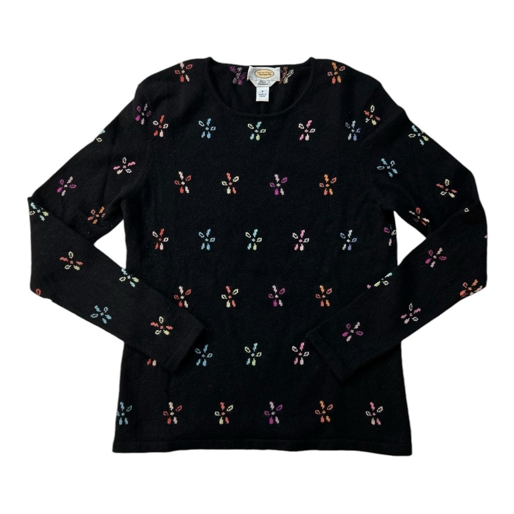 Talbots Pure Cashmere Sweater Scoop Neck Small Black Flowers Scoop Neck